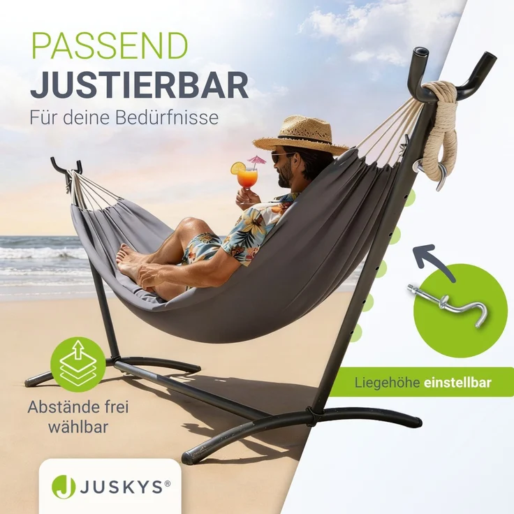 Juskys Hängematte Paya mit Gestell - Outdoor Doppelhängematte für 2 Personen - Ständer bis 200kg belastbar - Indoor doppel Hängeliege - Anthrazit – Bild 5