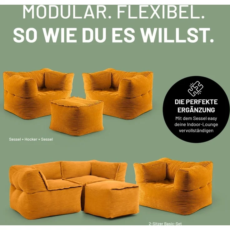 Lumaland Modular Sessel - Cord-Reihe | Indoor Sitzsack mit Softer Struktur, ideal Modulen | Bean Bag für Wohnzimmer & Co. - 96 x 72 x 70 cm – Bild 4
