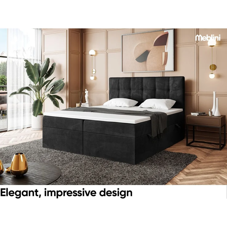 MEBLINI Boxspringbett KAI 180x200cm - H3/Schwarz Samt - mit Bettkasten - Gepolstert Doppelbett mit Matratze und Topper - Polsterbett mit Stauraum - Bett mit Kopfteil – Bild 3
