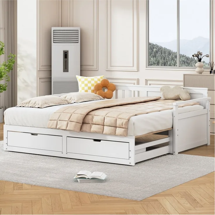 Odikalo Schlafsofa Schlafcouch 90x190 Tagesbett mit Schubladen, Multifunktionales Zwei-in-Eins-Tagesbett 90 (180) x 190 mit Kiefernbett, Schubladen und Ausziehbett Grau / Weiß
