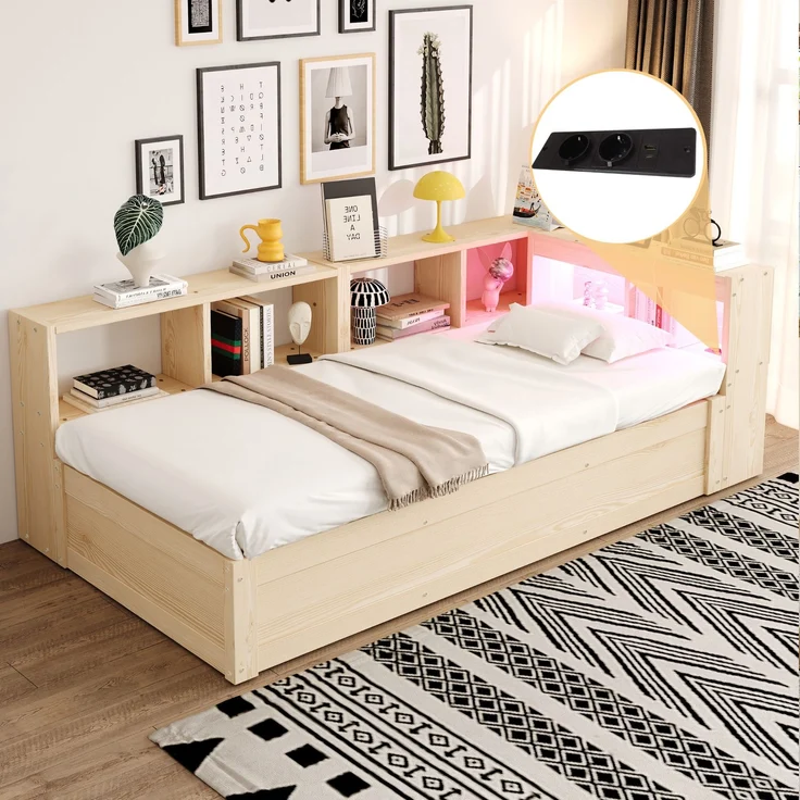 Multifunktionsbett 90×200 cm mit Bettkasten, LED-Lichtleiste und Steckdose, Holzfarbe, ohne Matratze – Bild 3