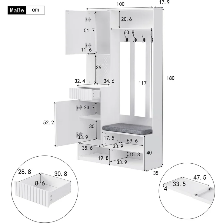 Garderobenset 100x35x180 cm, weiß, mit Sitzbank, 4 Haken, Schrank, Lochwand und 2 Schubladen – Bild 5