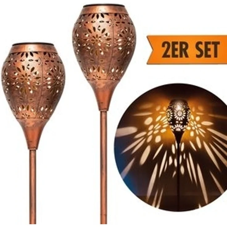 IC Gardenworld LED Solarleuchte 2 Stück LED Solarleuchten für außen aus Metall in Kupfer-Vintage Optik, LED fest integriert, ca. 75 cm hoch, Gartenfackel mit warm-weißer Beleuchtung – Bild 6