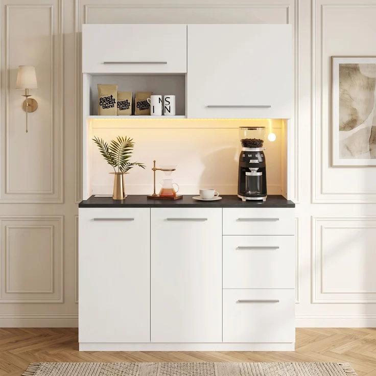 Merax Buffetschränke, Esszimmer-Hochschrank 120×40×180 cm, mehrstufigem Stauraum, integrierter Steckdose sowie USB-C- und USB-A-Anschlüssen,Mit farbigem Lichtstreifen, Weiß – Bild 5