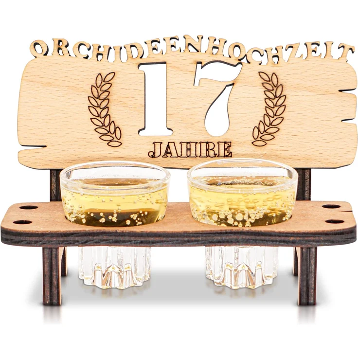 DARO Design - Schnapsbank 17. Hochzeitstag Orchideenhochzeit Geschenk Deko für Paare Männer Frauen aus Holz mit Gläsern