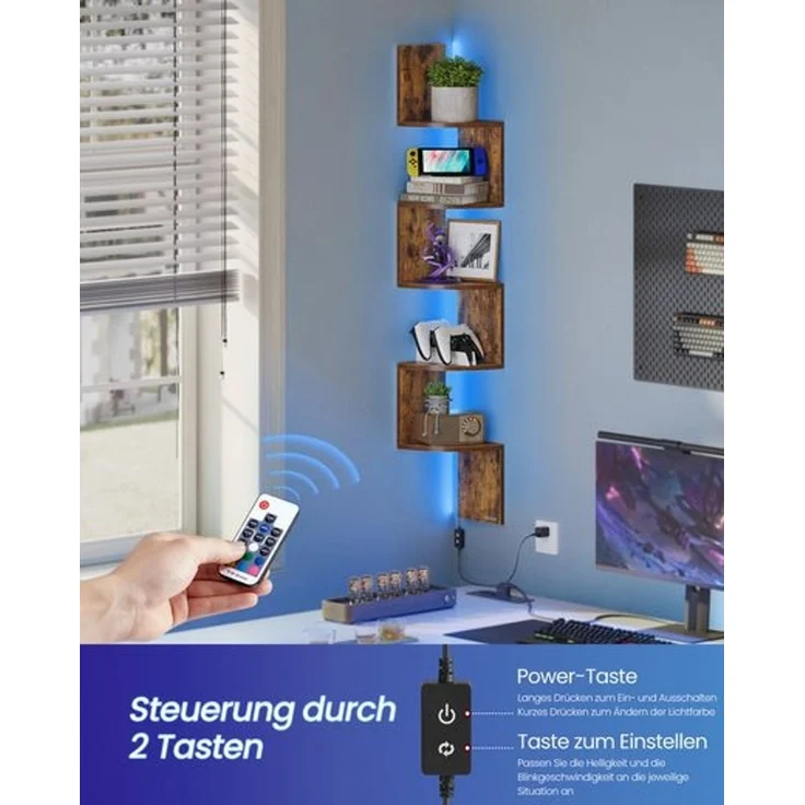 VASAGLE Eckregal mit LED-Beleuchtung, Wandregal 5 Ebenen, Schweberegal für Bücher, Bücherregal, Pflanzenregal für Schlafzimmer, Wohnzimmer, Badezimmer, Homeoffice, vintagebraun LBC630K01 – Bild 3