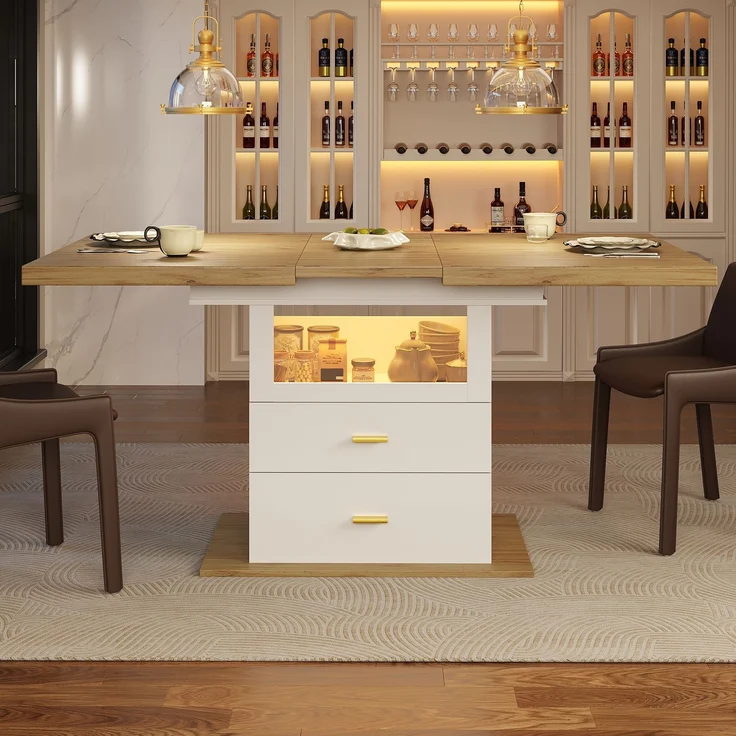 Esstisch 110/140x80x75 cm, ausziehbar mit LED-Beleuchtung, App-Steuerung und Stauraum – Bild 4