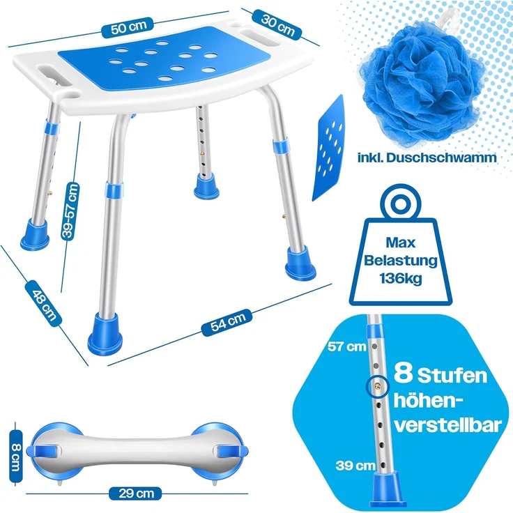 KESSER® Duschhocker höhenverstellbar | Leichter Badhocker rutschfeste Gummifüße Duschstuhl 136KG belastbar | Duschhilfe Senioren | Saugnapf Haltegriff Badewannengriff | Duschsitz mit Brausehalterung Weiß / Blau – Bild 5