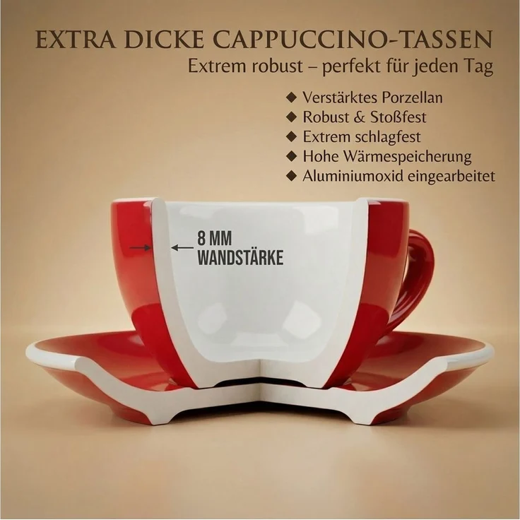 MUVELL Cappuccinotasse 6er Cappuccino-Set "ROM" inkl. Tasse 200ml + Untertasse, rot, 6-tlg, Keramik, 200 ml rot mit weißen Rand und Innenfläche – Bild 4