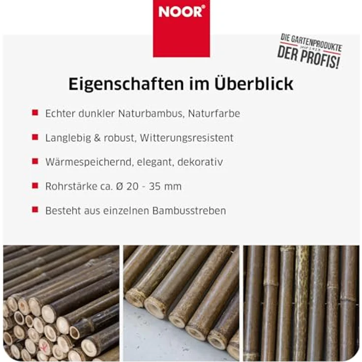 NOOR Bambusmatte Black Edition 1,00x2,50 m I Natürliche Bambus-Sichtschutzmatte mit durchbohrtem Draht für maximale Stabilität I Terrassen- und Balkonwindschutz – Bild 5