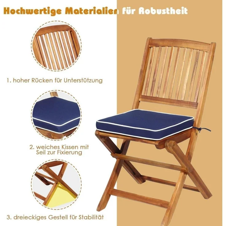 3tlg. Gartenmöbel Set Akazienholz klappbar mit Kissen Blau – Bild 2