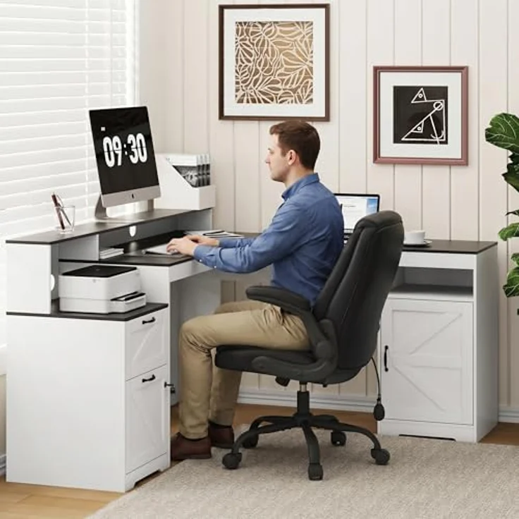 COLAMY 160 cm Landhaus L‑förmiger Schreibtisch, Eckschreibtisch mit Schubladen und Ablageboden, Home‑Office Schreibtisch mit Steckdose, Monitorständer, Holzmaserung Desktop, Weiß & Schwarz – Bild 5