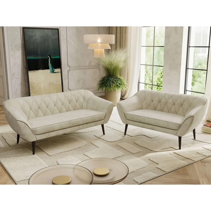 Skandinavisches Sofa Set PIRS 3-2, Komplettset, Wellenfederung, schwarze Füße, Sitzgruppe, Polstermöbel Set - Beige Velvet – Bild 3
