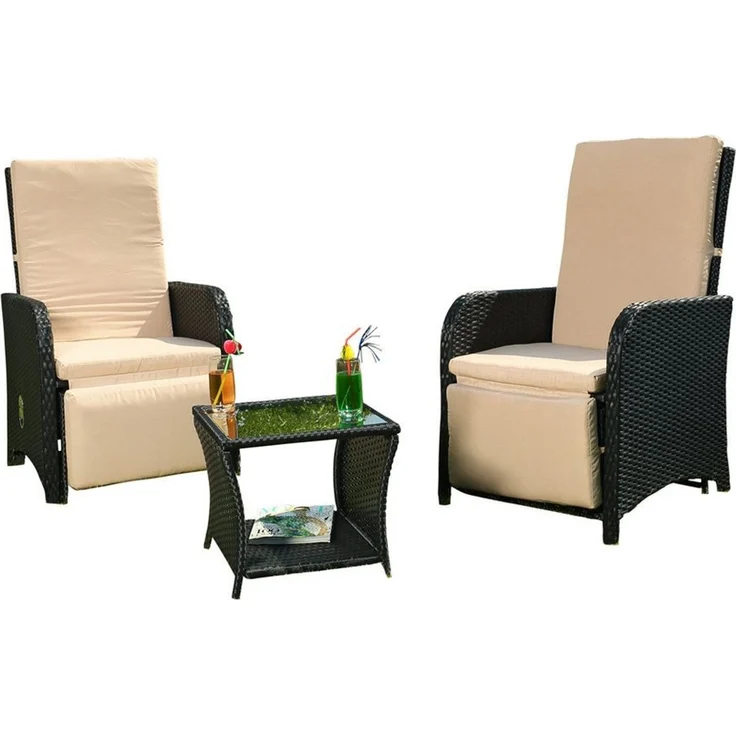Melko Sitzgruppe Gartenmöbel Set Sitzgarnitur Polyrattan Schwarz Sitzgruppe Essgarnitur, (elegantes Set im Lounge-Design, 3-tlg, inkl. Auflagen für mehr Komfort), 3-teiliges Rattanmöbel Set mit verstellbarer Rücken- & Fußlehne – Bild 5