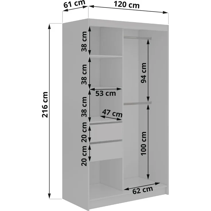 Schwebetürenschrank NAURU mit Lamellen-Optik, moderner Kleiderschrank, Breite 120 cm, inkl. Innenausstattung & Stauraum, Akustikpaneel-Design - Warmia-Nuss und Schwarz - mit Schubladen – Bild 5