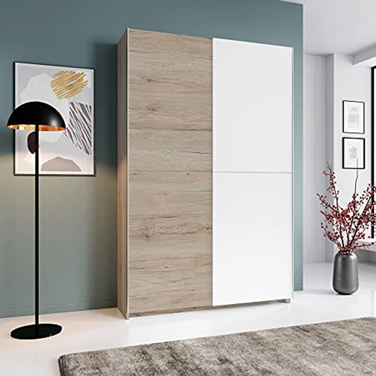 Stella Trading FAST Eleganter Kleiderschrank / Garderobenschrank mit viel Stauraum - Vielseitiger Schwebetürenschrank in San Remo Optik, weiß - 125 x 195 x 38 cm (B/H/T) – Bild 3