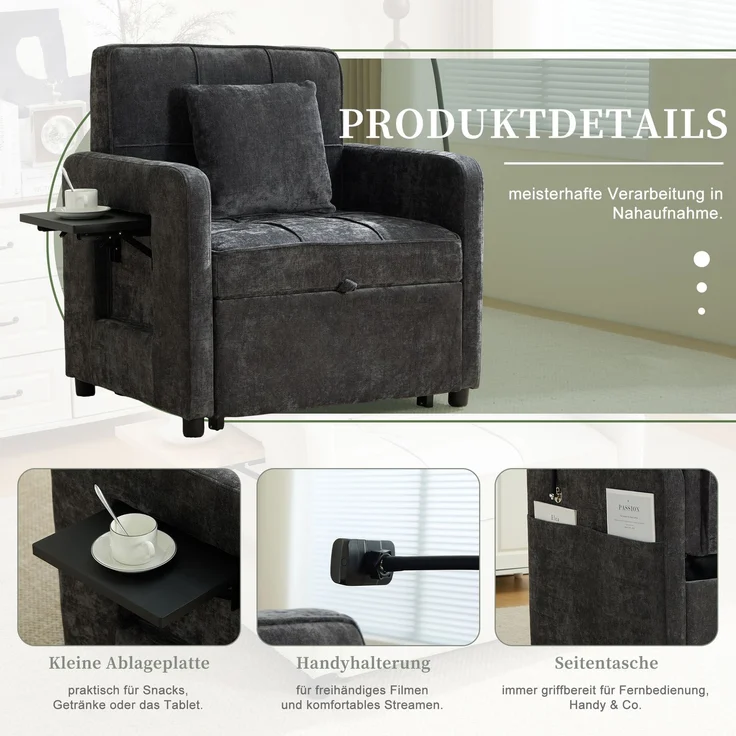 LVHOM Multifunktionaler Schlafsessel mit klappbarer Ablage, Ausziehbares 1-Sitzer Schlafsofa mit Handyhalter und Seitentaschen, Loungesessel, Dunkelgrau – Bild 4