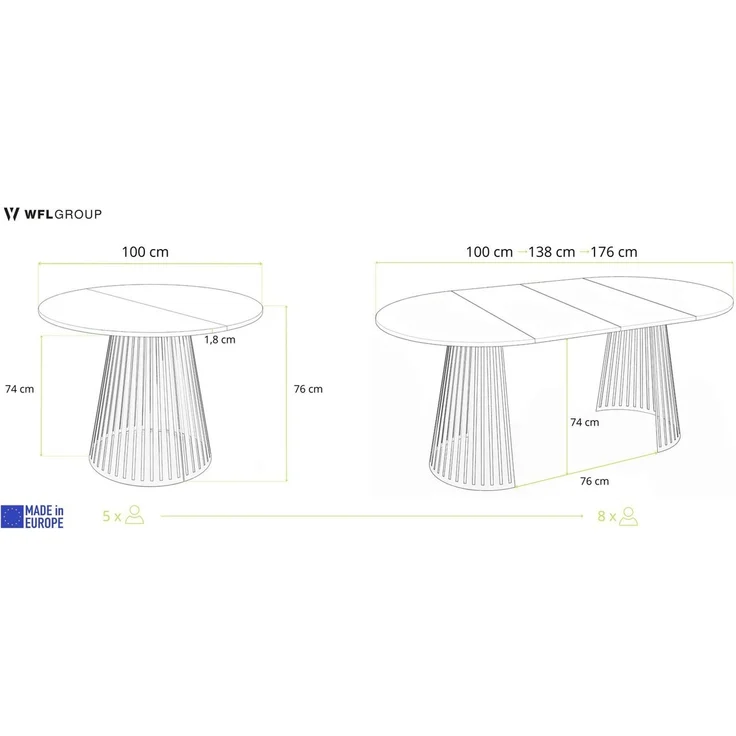 WFL GROUP Esstisch Naro Black ausziehbar rund modern mit schwarzen Metallbeinen (MADE IN EU, erhältlich in 2 Größen – 100/120 cm, ausziehbar auf 180/200 cm), platzsparender Tisch mit Lamellen für Küche, Esszimmer oder Wohnzimmer – Bild 2