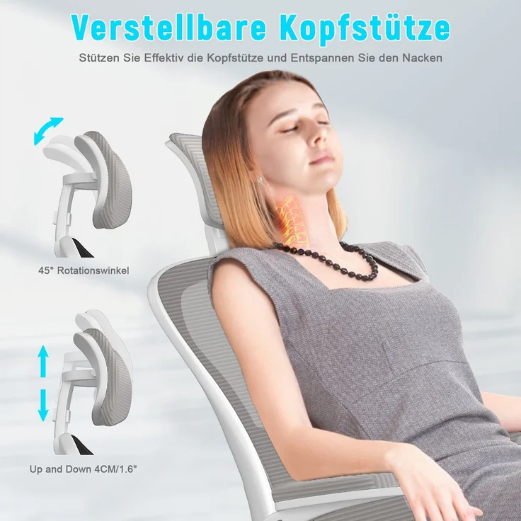 Botifly Ergonomischer Bürostuhl mit Kopfstütze, Mesh-Gewebe, Grau, 90°-120° Wippfunktion, 10 cm Höhenverstellbar, mit Lendenwirbelstütze, 52 x 26 x 57 cm – Bild 6