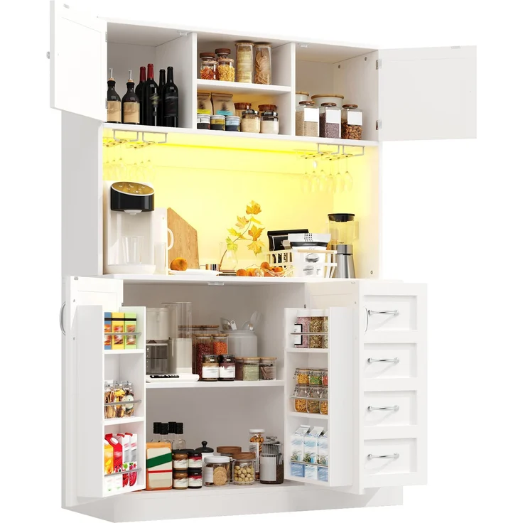 Seitenboard / Aufbewahrungsschrank / Küchenschrank / Buffetschrank, 120 x 40 x 188 cm, mit LED-Beleuchtung, Snackregal & Getränkehaltern, 4 Türen & 2 große Schubladen, Grün/Schwarz/Weiß – Bild 9