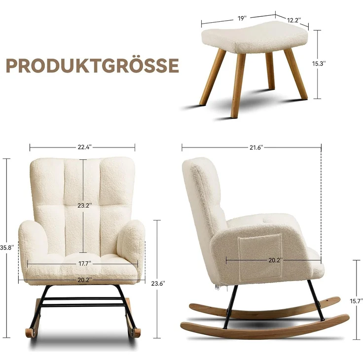 COMHOMA Schaukelstuhl, Relaxsessel mit Armlehnen, Ohrensessel aus Teddy-Plüsch Schaukelsessel, bis 150 kg belastbar, sonnenliege gartenliege für Schlafzimmer, Wohnzimmer Beige – Bild 8