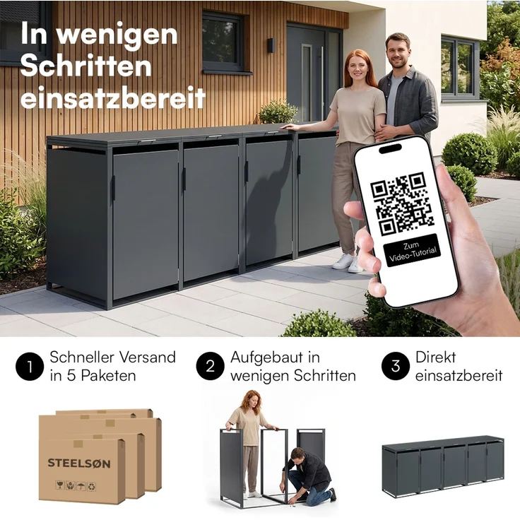 STEELSØN 'Thoria' Mülltonnenbox 5er je 120 Liter, anthrazit, Mülltonnenverkleidung aus Stahl, wetterfest, 102x62x294,5 cm, Müllbox für 5 Tonnen – Bild 10