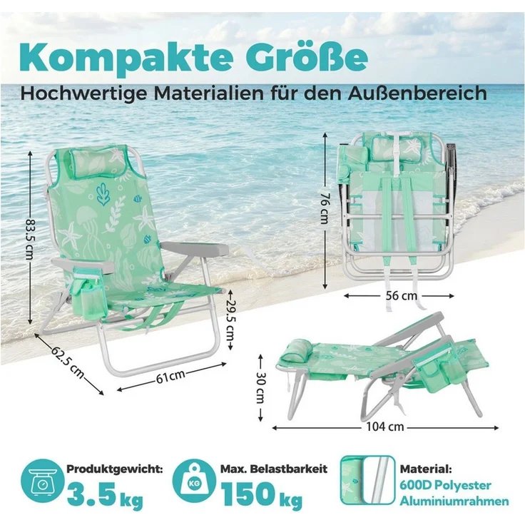 HOMECALL Klappstuhl Strandstuhl Leicht Klappbar Camping, 5-fach verstellbare Rückenlehne (Bis150KG Aluminiumrahmen, groBe Kuhitasche und Aufbewahrungstasche, 2 St), Seitentaschen, Kopfstütze, Schultergurten, Handtuchhalter – Bild 2