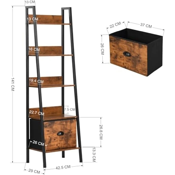 FurnitureR Badezimmerregal Leiterstil 42 x 29 x 141 cm, 5 Ebenen, Stoffschublade, 12 mm Holzplatten & 20 mm Metallrahmen, 7,5 cm Rückwand, Elegantes Badmöbel im Landhausstil – Bild 2