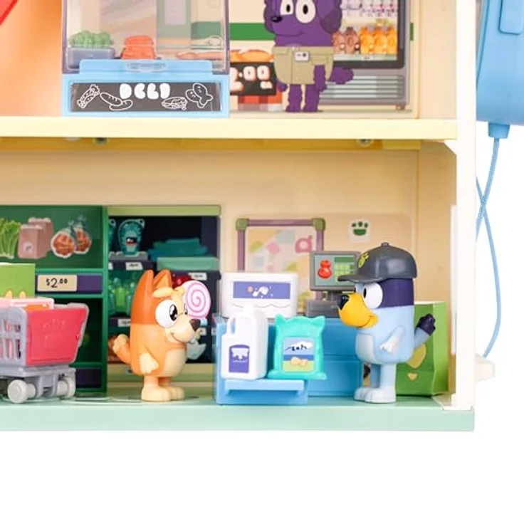 Bluey Supermarkt Spielset, 3-stöckiger Kaufladen mit beweglicher Rolltreppe, 2 Figuren und 13 Zubehörteilen, inklusive Restaurantbereich – Bild 4