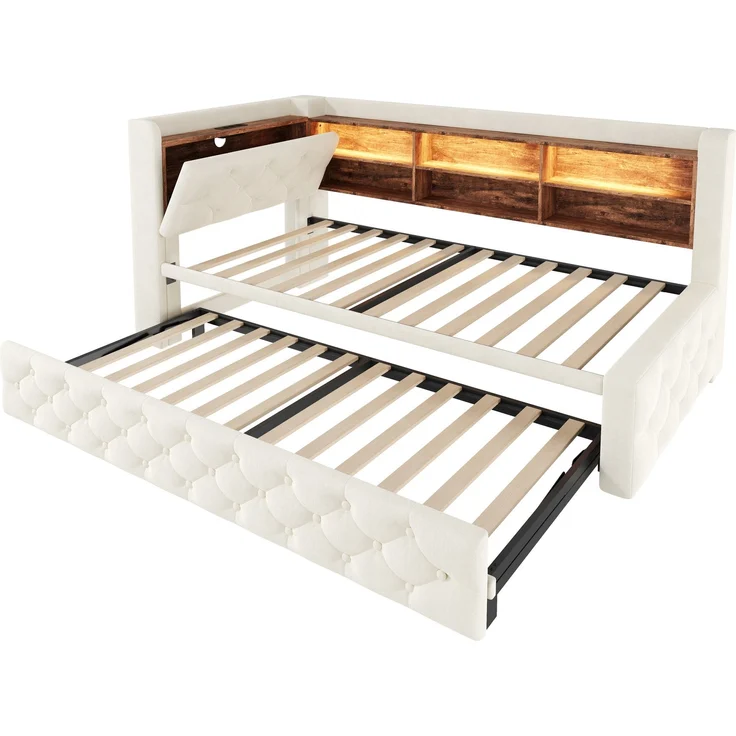 ZUBALIYA Tagesbett, mit Stauraum, mit LED-Beleuchtung, mit USB-C-Anschluss, inklusive Lattenrost, mit Schlaffunktion, Liegefläche 90 × 190 cm, H 84 × T 211 × B 181 cm, Beige, Samt – Bild 21