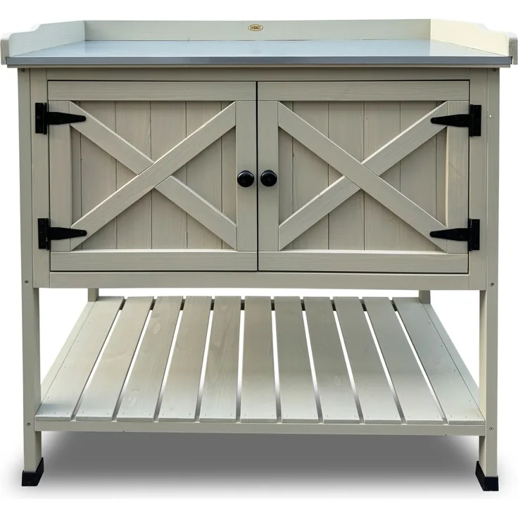 HABAU Pflanztisch mit Unterschrank und Ablage aus Holz, Grau, 98 x 48 x 97,5 cm