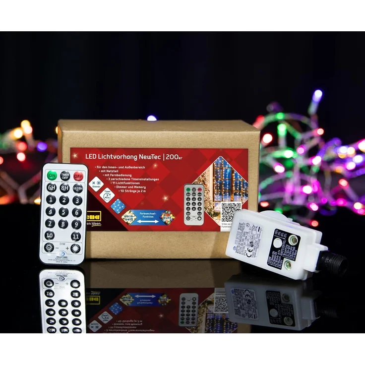 Idena LED-Lichtervorhang 200er NewTec, warmweiß/bunt, 2 x 1,5 m, mit Fernbedienung und Timer – Bild 8