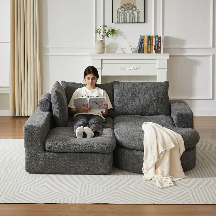 Modulares Sofa H 81 x T 251 x B 160 cm aus Chenille in Grau mit verstellbarer Chaiselongue – Bild 4