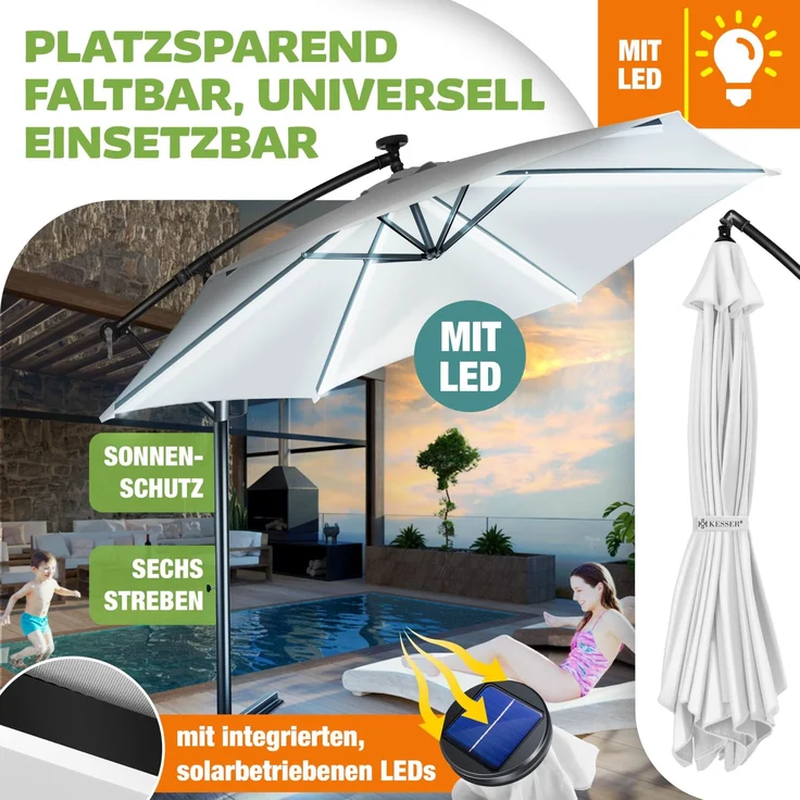 KESSER® Alu Ampelschirm LED Solar + Abdeckung mit Kurbelvorrichtung UV-Schutz Aluminium mit An-/Ausschalter Wasserabweisend - Sonnenschirm Schirm Gartenschirm 300cm, Weiß – Bild 4