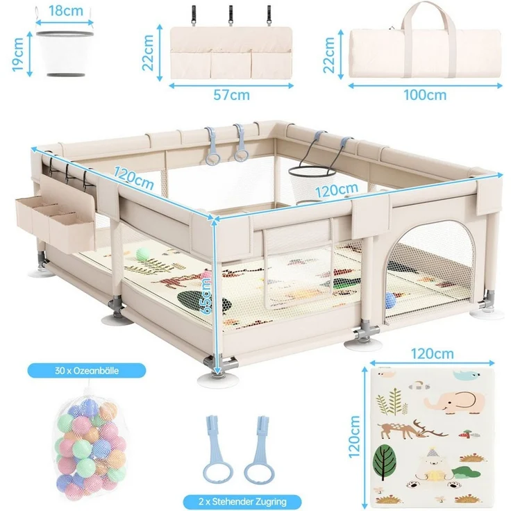 SEHAUSEU Laufgitter Laufstall Baby Krabbelgitter mit Spielmatte 1,5m×1,5 m/1,2m×1,2m, mit Ozeanbälle, Tragetasche, Zugring, Ballkorb, Aufbewahrungskorb – Bild 2
