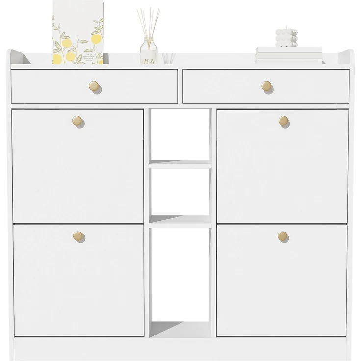 Schuhschrank mit 4 Klapptüren, 2 Schubladen & 3 Fächern, 110x26x100 cm, Weiß – Bild 6
