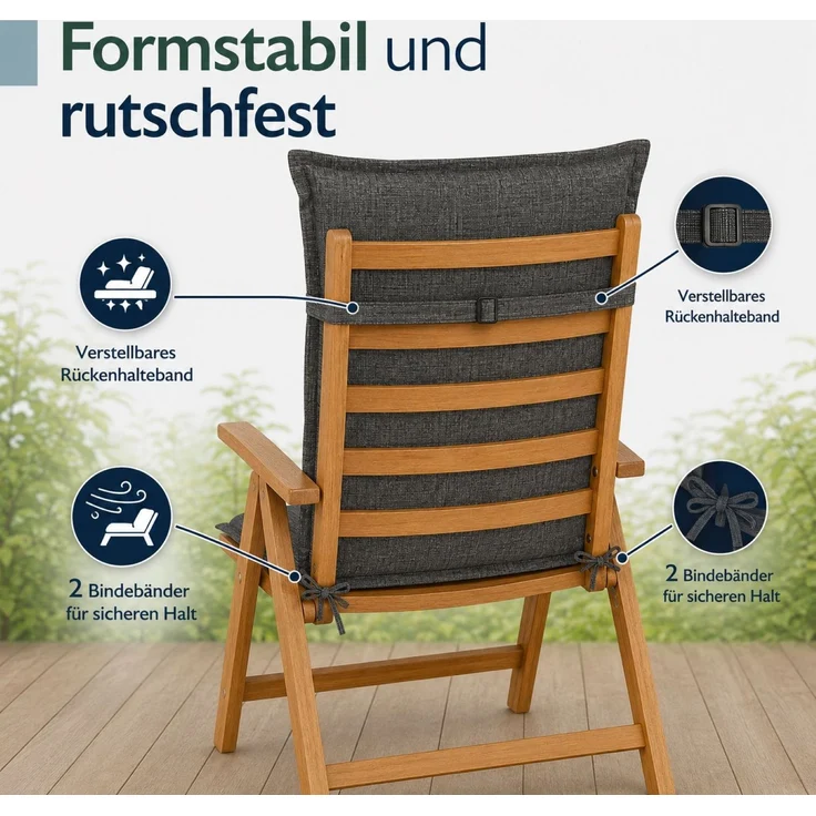 BURI 6x Hochlehner Auflage 120x50x5,5 cm - wetterfeste Gartenstuhlauflage mit Schaumkern & Vollvlies, Halteband & Bindebänder, bequemes Stuhlpolster für Balkon, Terrasse & Garten (Anthrazit/Grau) – Bild 4