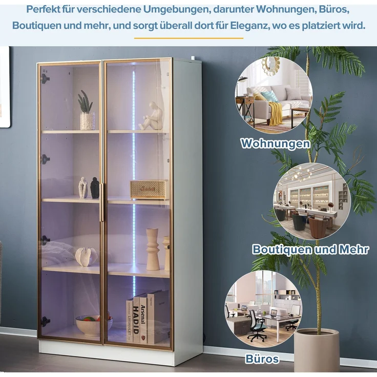 DESVIAE Vitrine mit LED-Beleuchtung, 80x160x40 cm, Spanplatte und braunes Glas, Weiß – Bild 5
