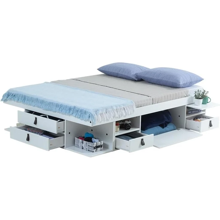 Funktionsbett Bali 140x190 Weiß - Schrankbett mit viel Stauraum u. Schubladen, optimal für kleine Schlafzimmer - Bett mit Aufbewahrung aus MDF Weiss lackiert – Schubladenbett inkl Lattenrost