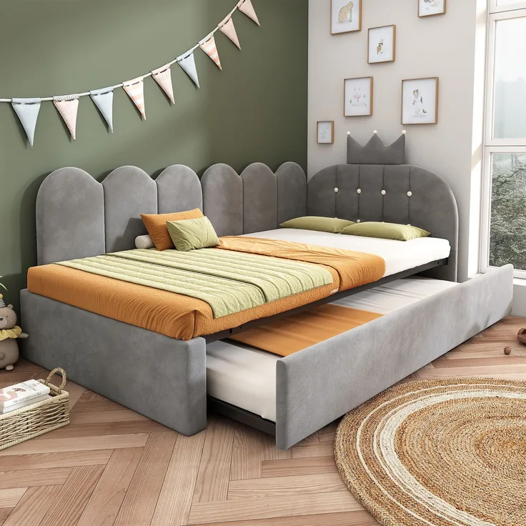 Merax Einzelbett 90x200 cm, Kinderbett, Polsterbett mit 90x190 cm Ausziehbett, Niedliches Kronen- und Gitterdesign, Samt, Grau