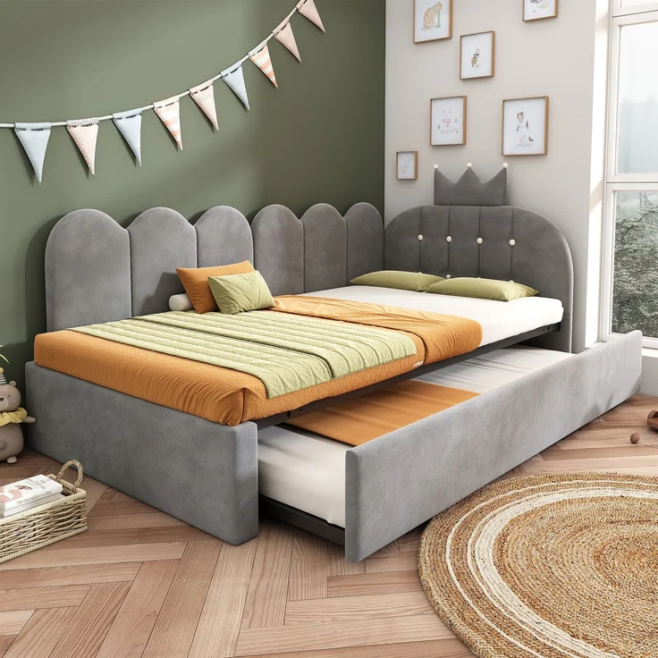 Merax Einzelbett 90x200 cm, Kinderbett, Polsterbett mit 90x190 cm Ausziehbett, Niedliches Kronen- und Gitterdesign, Samt, Grau – Bild 1