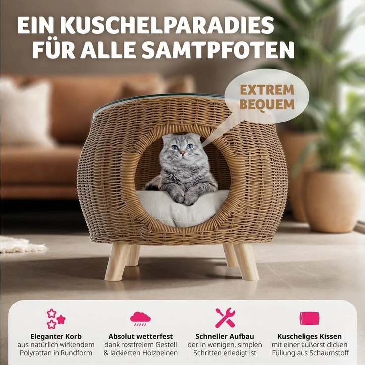 tectake Couchtisch Tivoli Sofatisch aus Polyrattan - integriertes Haustierbett (1-St, 2 tlg), Stilvoller Couchtisch vereint Haustierbett mit Rattan-Geflecht – Bild 3