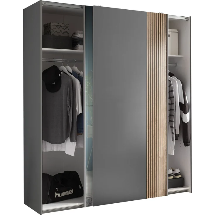 Schiebetürenschrank >Berno< 2 Türen, Grau / Spiegel / Eiche Dekor - 170x195,5x57,2cm (BxHxT) – Bild 5