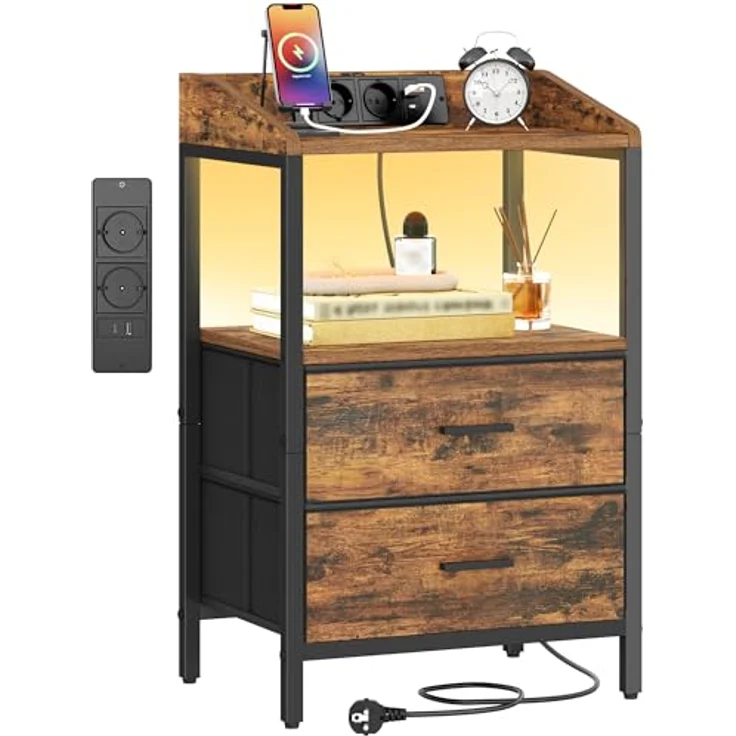 Nachttisch mit LED-Leuchten und ladefunktion, Beistelltisch mit 2 Stoff-Schubladen mit USB-Anschlüssen & Steckdosen, für Schlafzimmer, Wohnzimmer, Vintage Braun-Schwarz – Bild 1