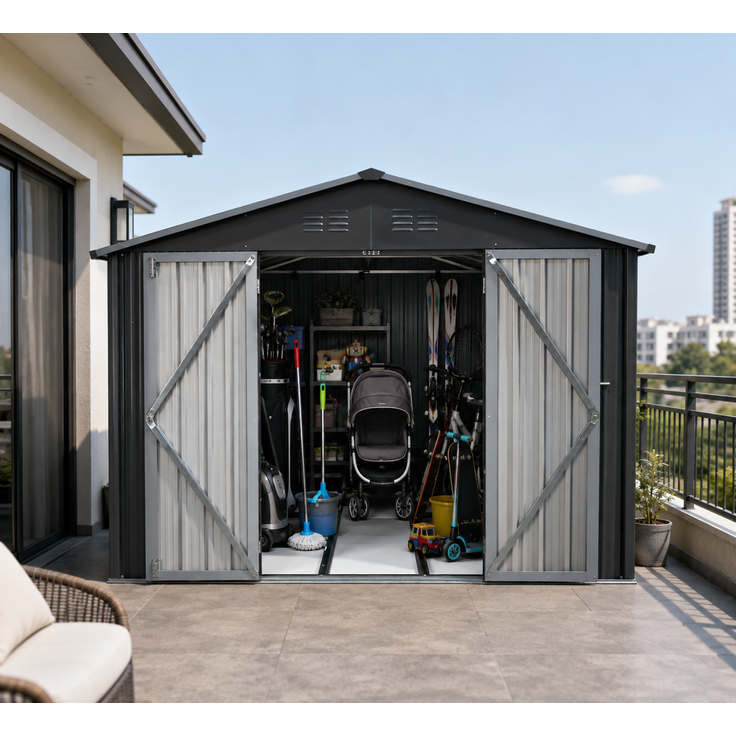 ZUBALIYA Metall-Gartenschuppen 10x8 ft mit Spitzdach in Grau als Außenlager. Der Schuppen ist mit einem integrierten Bodenrahmen ausgestattet. Grundfläche: 7,46 m² – Bild 2