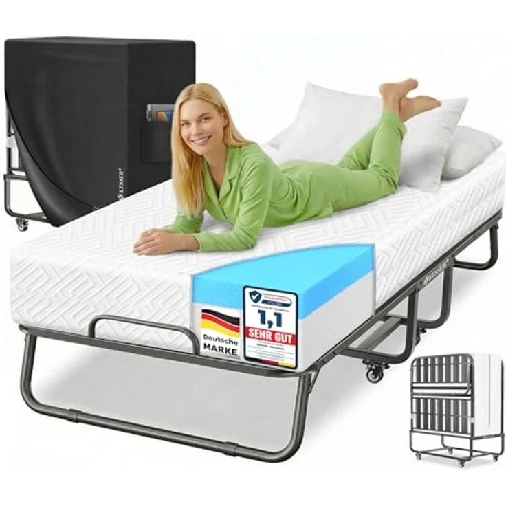 KESSER® Klappbett 200x90cm Gästebett inkl. Matratze aus Memory-Schaum & Rollen | faltbares Reisebett mit Metallrahmen für Erwachsene belastbar bis 250kg | Metallbett mit Schaumstoffmatratze & Cover Weiß, Premium Komfort – Bild 1
