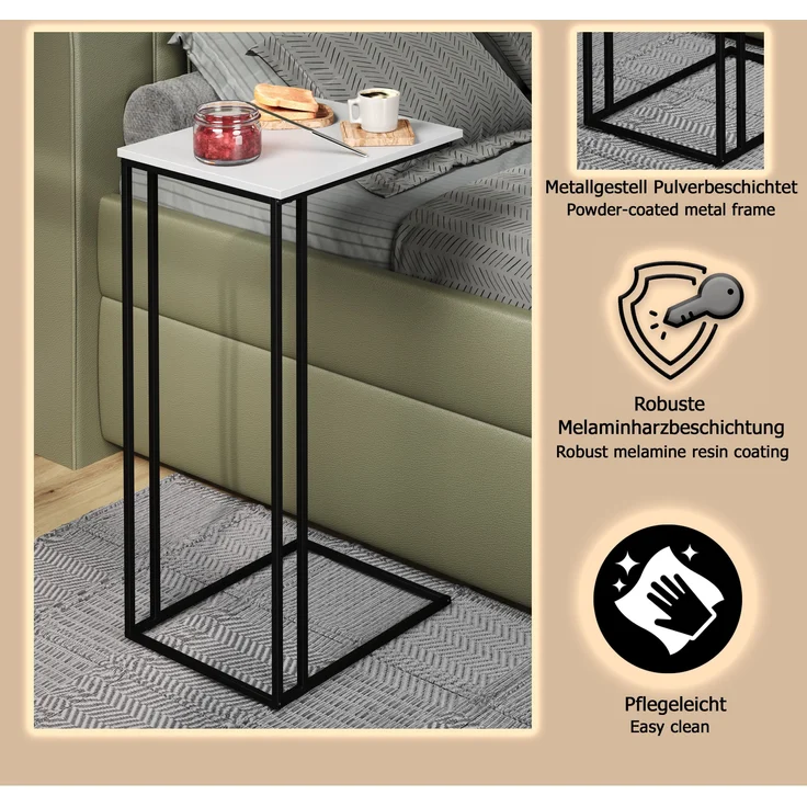 trendteam smart living - Strike - Beistelltisch - Weiß/Schwarz - Wohnzimmertisch auf robustem Metallgestell - (BxHxT) 50 x 91 x 40 cm - praktische C-Form – Bild 6