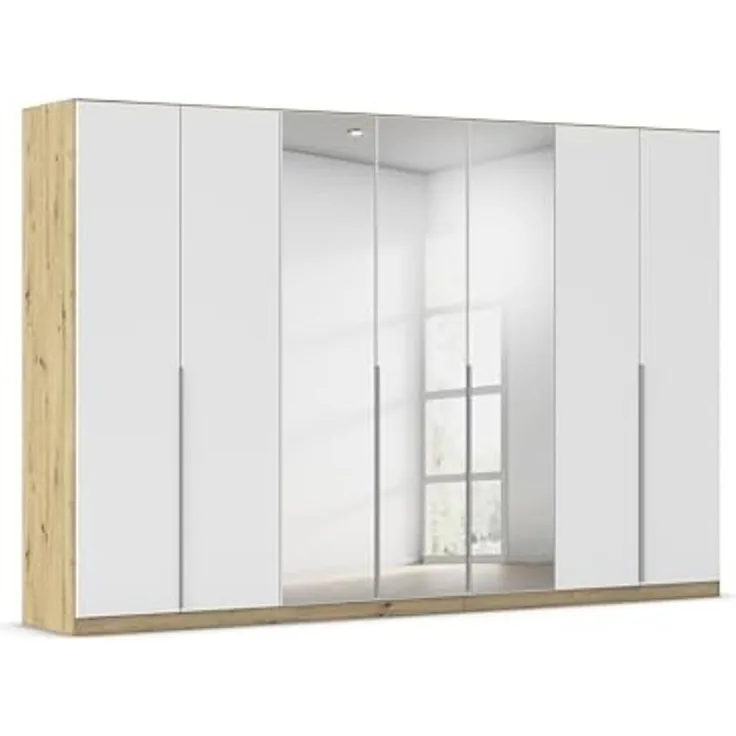 Rauch Möbel Alabama, Kleiderschrank für Schlafzimmer, Kinderzimmer, Wohnzimmer, Garderobe, Flur, 7-türig, Spiegel, mit Zubehör Classic, Farbe Weiß/Eiche Artisan, Holz, Breite 315 cm