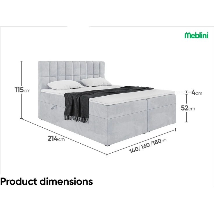 MEBLINI Boxspringbett LUKAS 180x200cm - H3/Hellgrau Samt - mit Bettkasten - Polsterbett - Doppelbett mit Topper & Taschenfederkern-Matratze – Bild 7