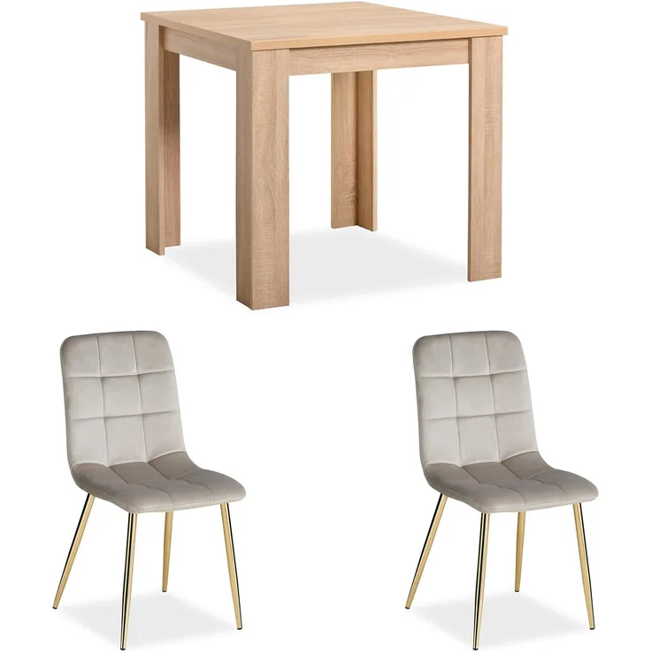 Esstisch mit 2 Stühlen Set Essgruppe Samt Polsterstühle Creme Küchentisch Modern Holz Natur 80x80 cm Esszimmertisch Massiv